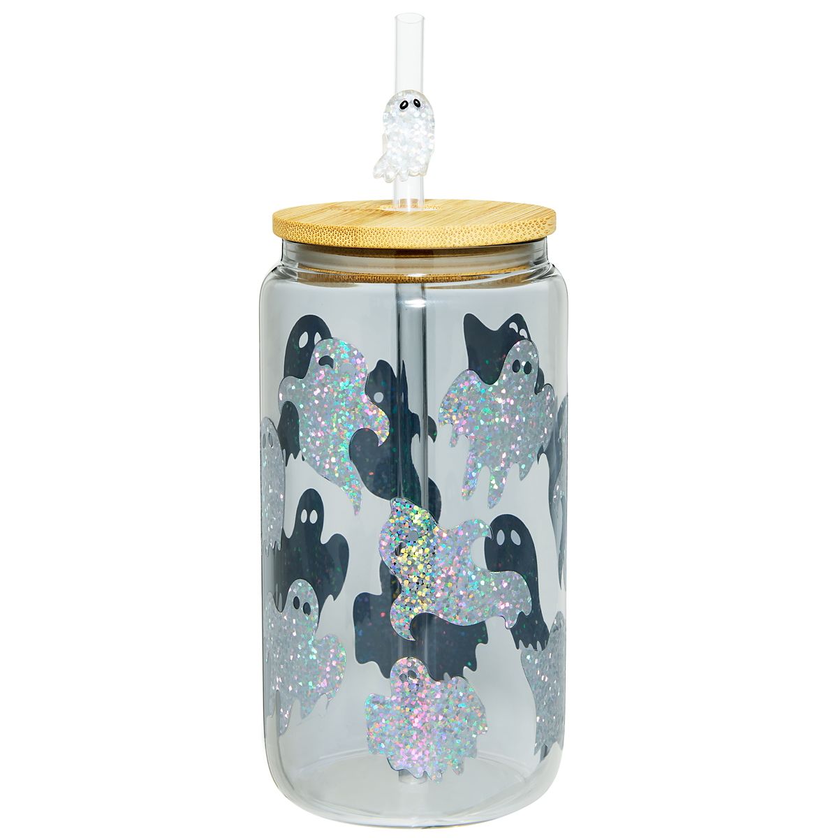 Holographic Ghost Glass Cup with Straw BLACK AND WHITE