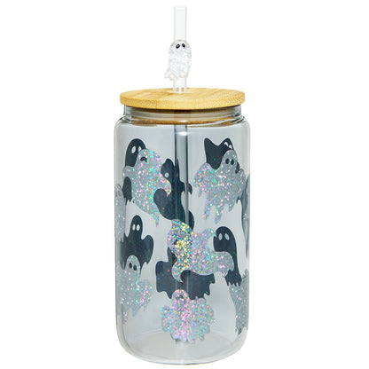 Holographic Ghost Glass Cup with Straw BLACK AND WHITE