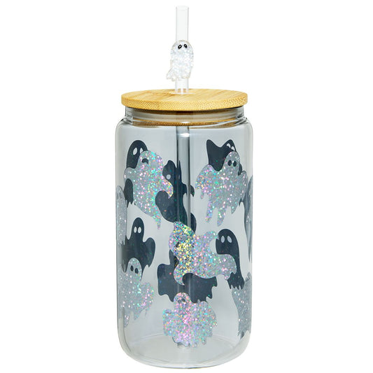 Holographic Ghost Glass Cup with Straw BLACK AND WHITE