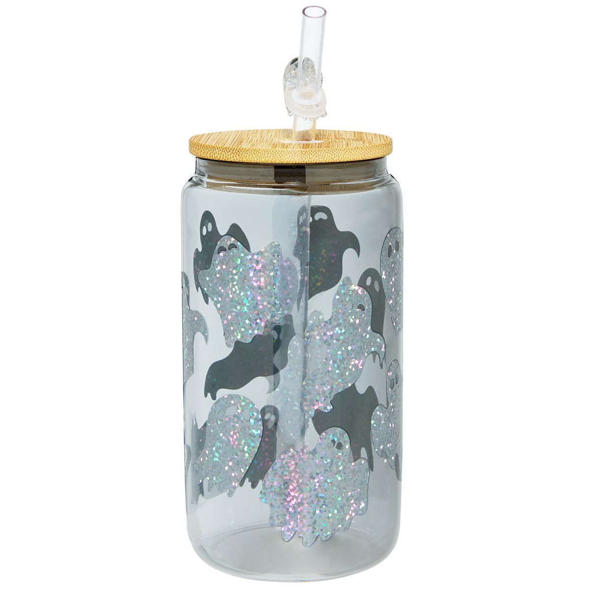 Holographic Ghost Glass Cup with Straw BLACK AND WHITE