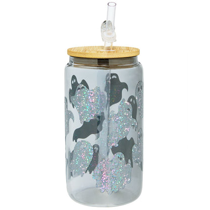 Holographic Ghost Glass Cup with Straw BLACK AND WHITE