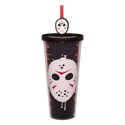 Friday the 13th Jason Mask Cup with Straw Topper - 24 oz. BLACK AND RED