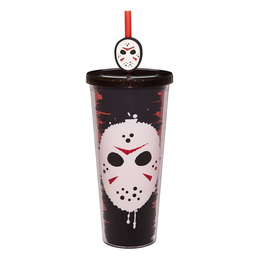 Friday the 13th Jason Mask Cup with Straw Topper - 24 oz. BLACK AND RED
