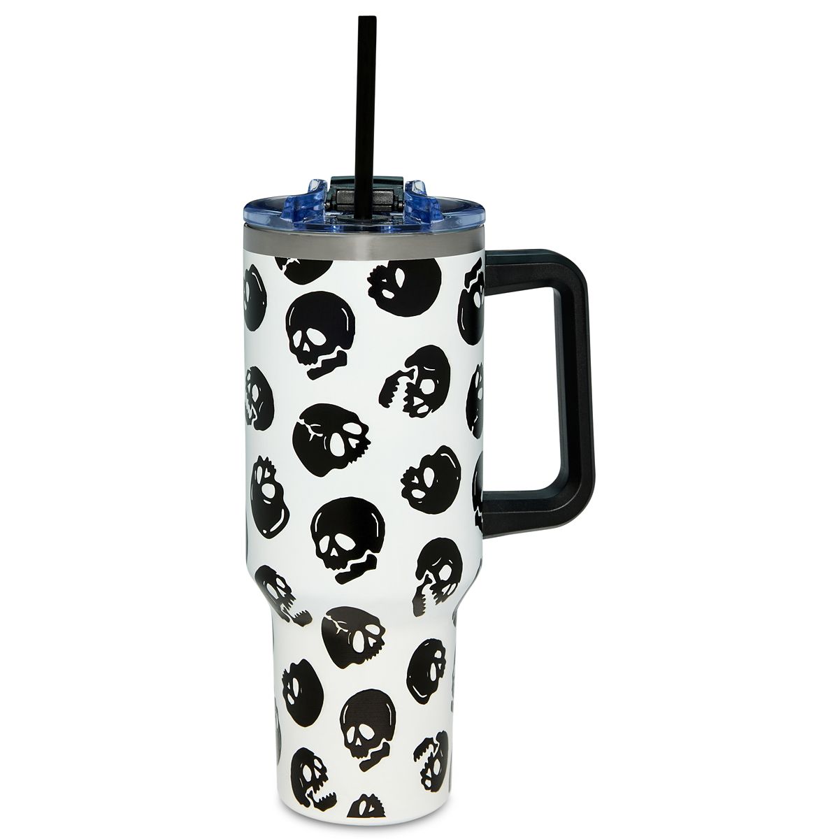 Black and White Glow in the Dark Skull Print Travel Tumbler with Straw - 40 oz. GLOW IN THE DARK