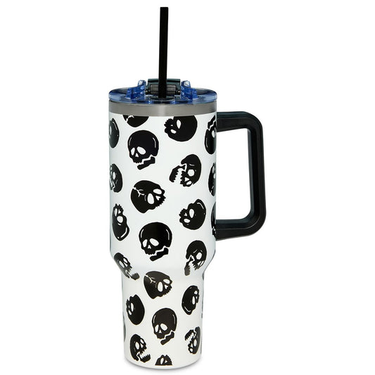 Black and White Glow in the Dark Skull Print Travel Tumbler with Straw - 40 oz. GLOW IN THE DARK