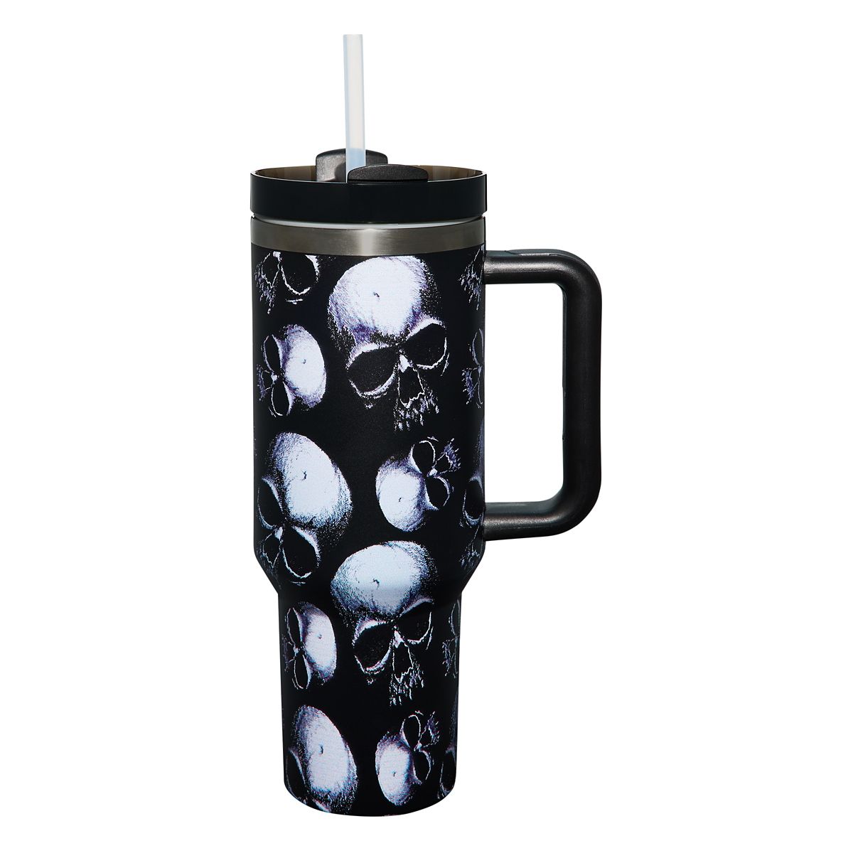 Skull Portable Travel Tumbler with Straw - 40 oz. BLACK AND WHITE
