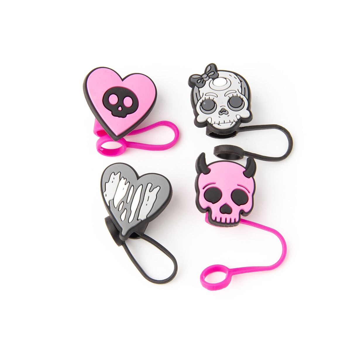 Multi-Pack Pink Skull and Heart Straw Toppers - 4 Pack MULTI-COLOR