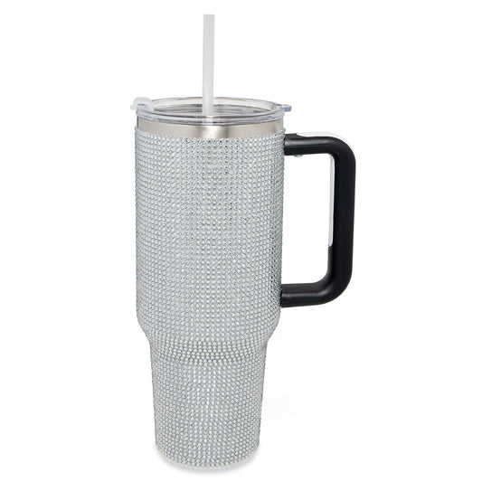 Silver Rhinestone Travel Tumbler with Straw - 40 oz. SILVER