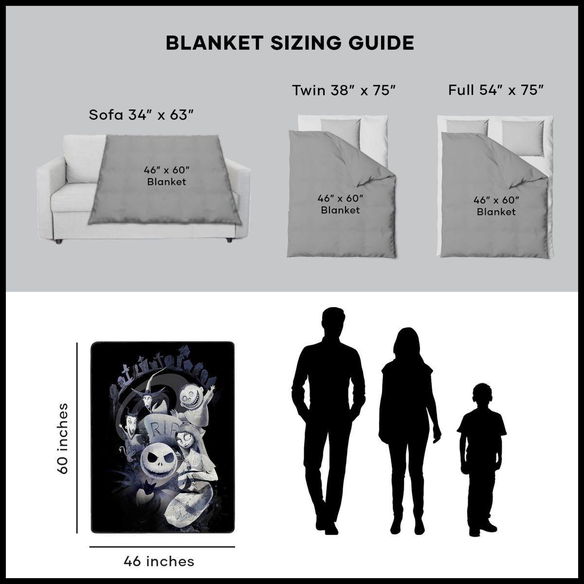 The Nightmare Before Christmas Graveyard Fleece Blanket BLACK AND WHITE