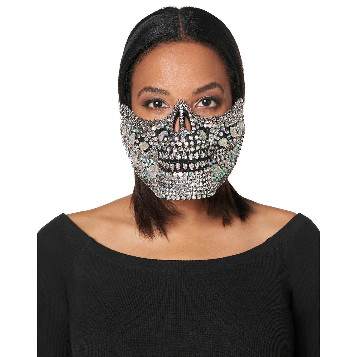 Glam Skeleton Rhinestone Half Mask BLACK AND SILVER