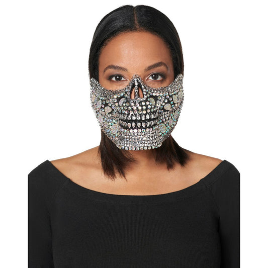 Glam Skeleton Rhinestone Half Mask BLACK AND SILVER