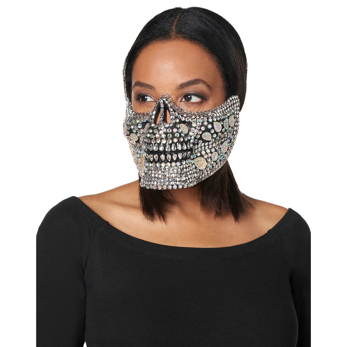 Glam Skeleton Rhinestone Half Mask BLACK AND SILVER