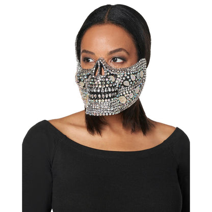 Glam Skeleton Rhinestone Half Mask BLACK AND SILVER