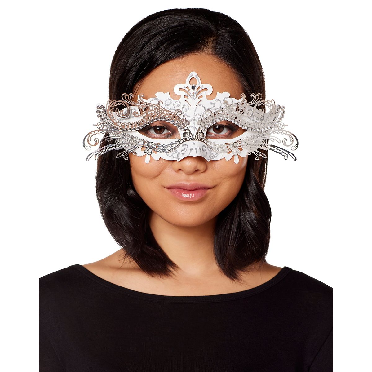 White and Silver Filigree Eye Half Mask WHITE & SILVER