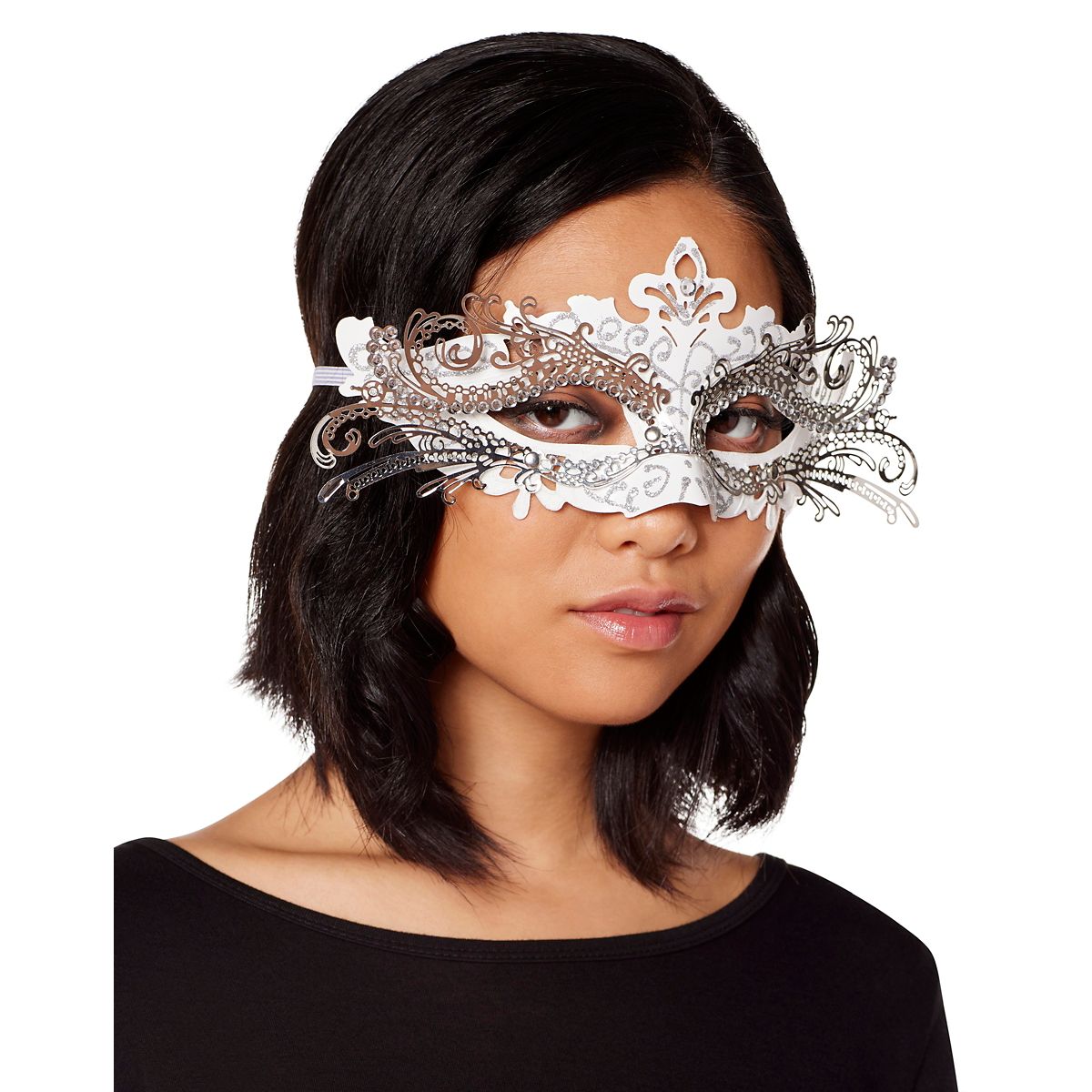 White and Silver Filigree Eye Half Mask WHITE & SILVER