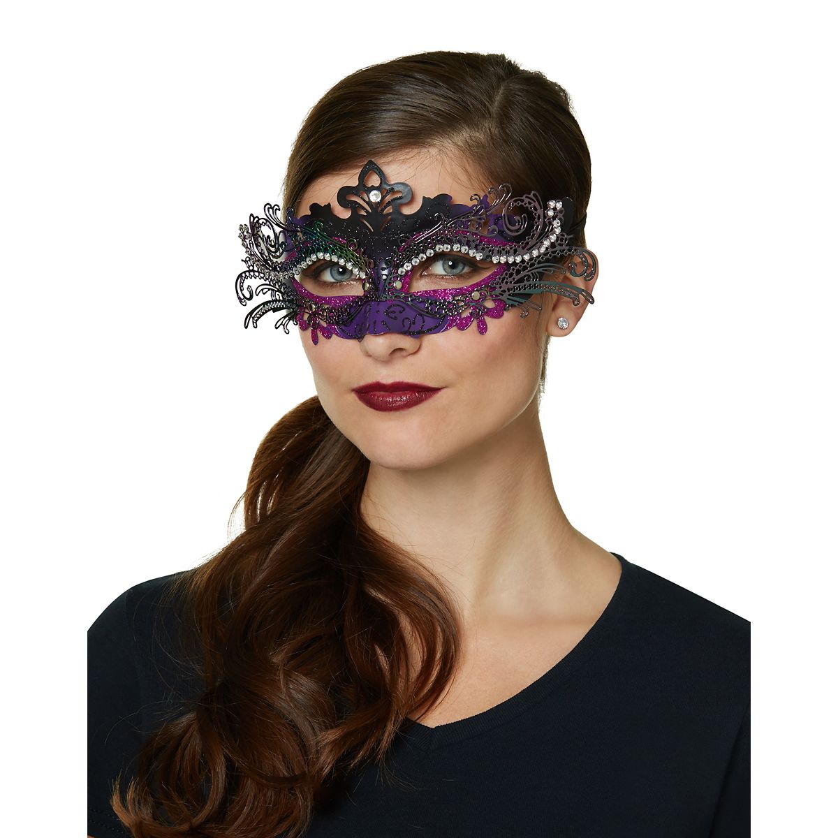 Purple Rhinestone Intricate Eye Half Mask PURPLE