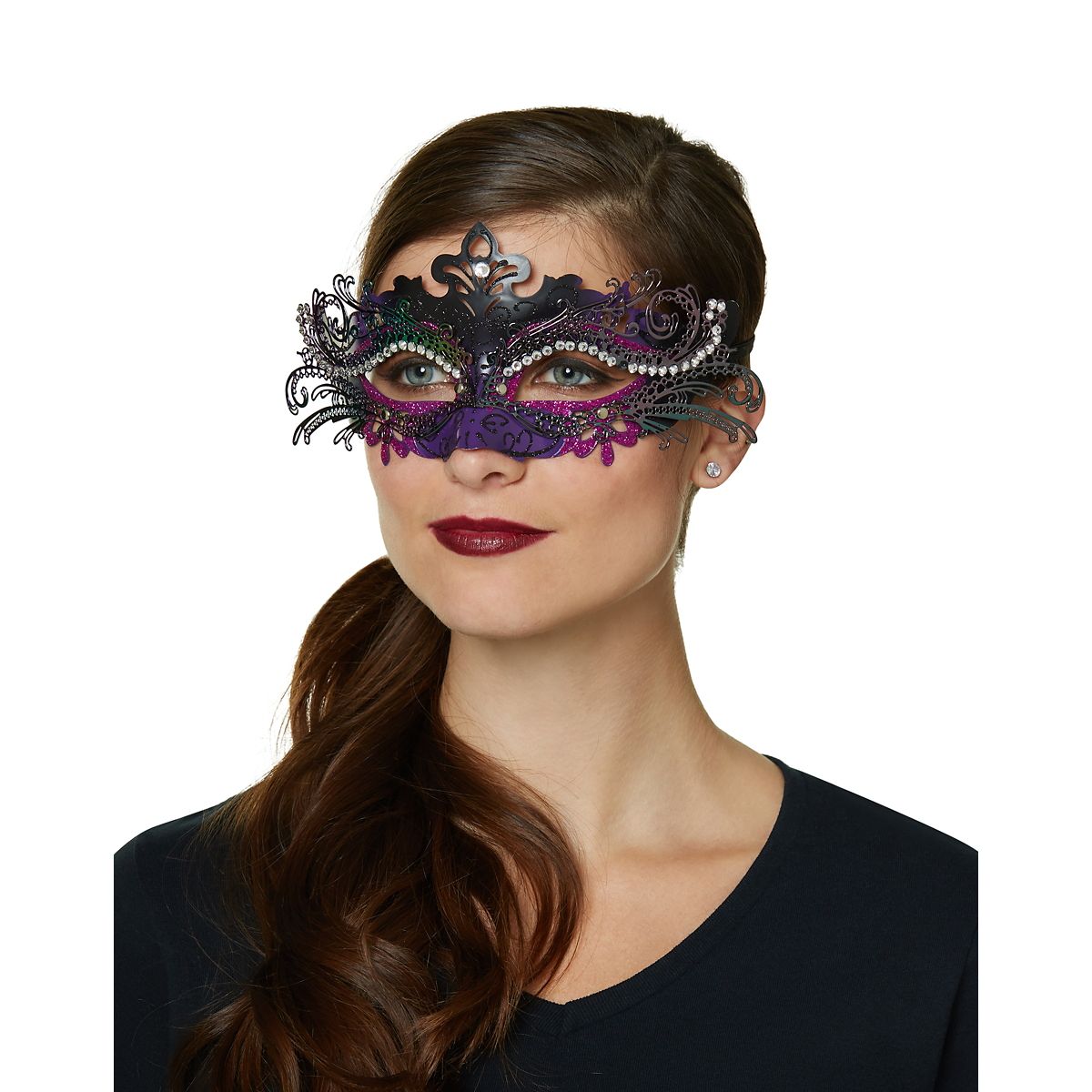 Purple Rhinestone Intricate Eye Half Mask PURPLE