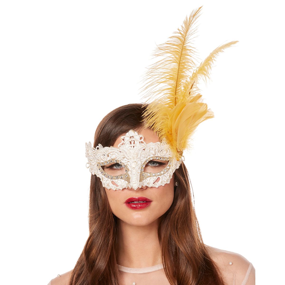 Gold Feather and Lace Eye Half Mask GOLD AND WHITE