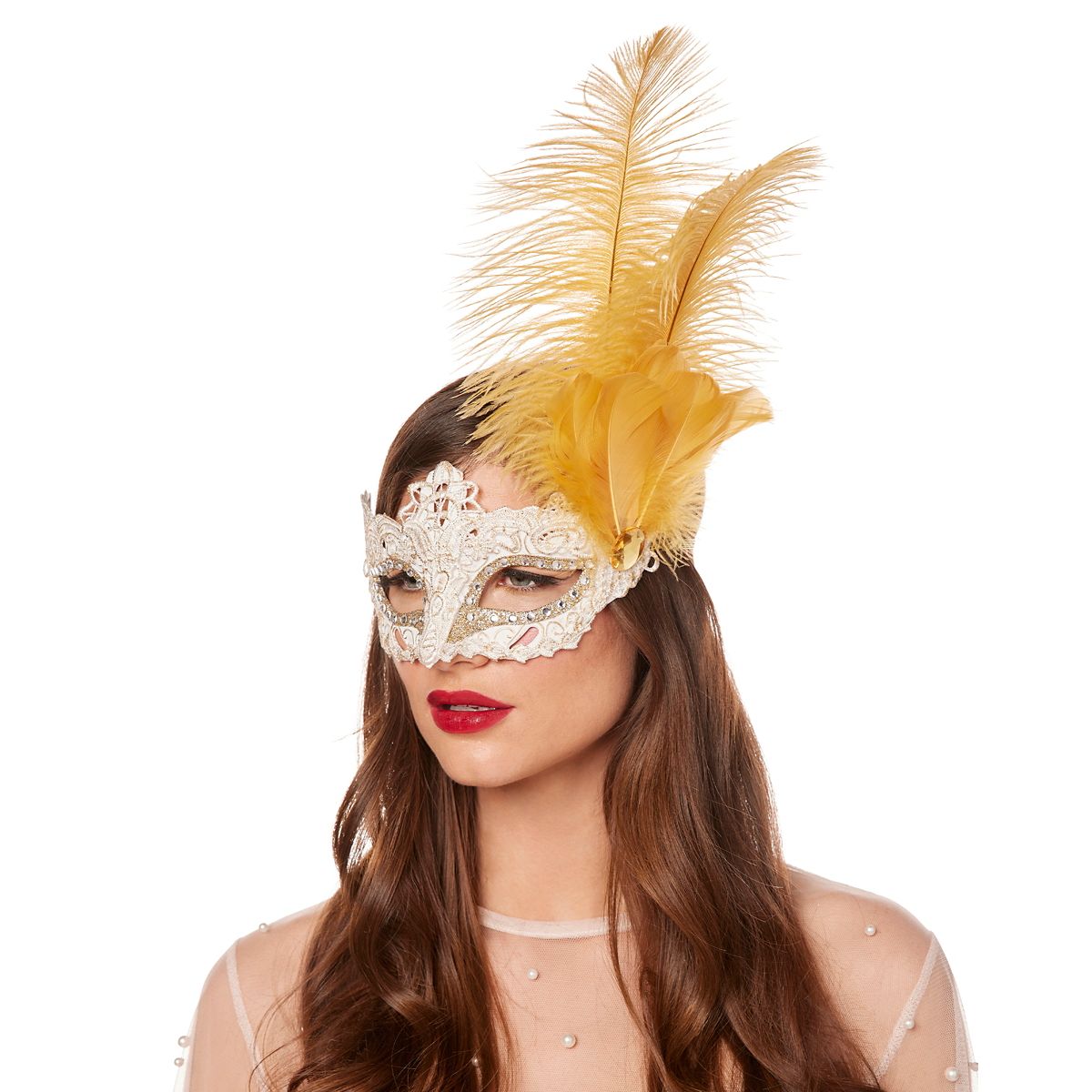 Gold Feather and Lace Eye Half Mask GOLD AND WHITE