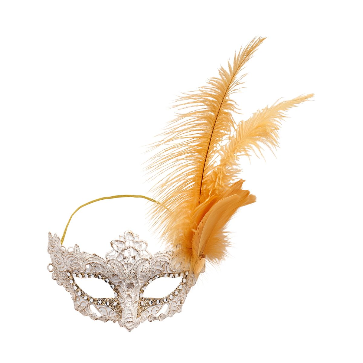 Gold Feather and Lace Eye Half Mask GOLD AND WHITE