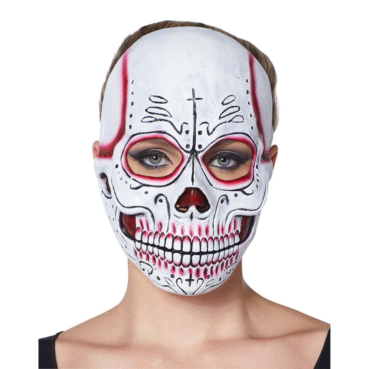 Red Sugar Skull Half Mask BLACK AND RED