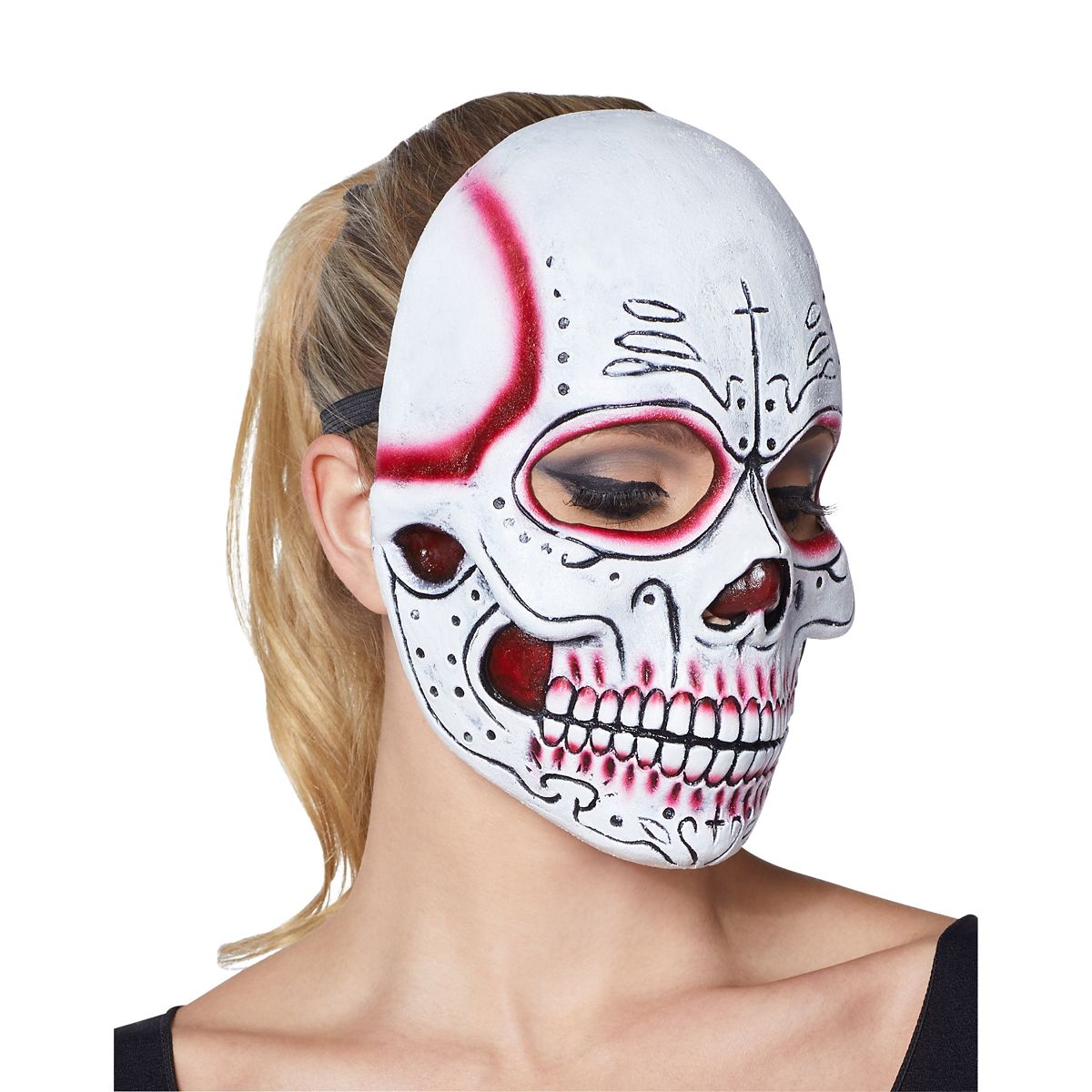 Red Sugar Skull Half Mask BLACK AND RED