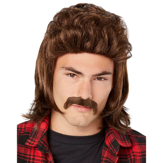 Brown Mullet Wig With Mustache BROWN