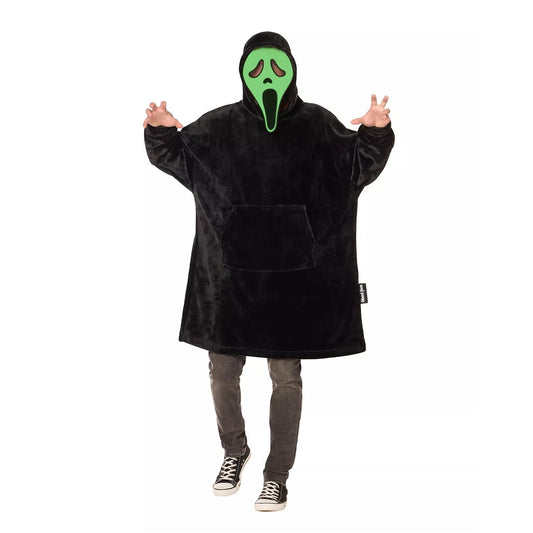 Glow in the Dark Ghost Face Hooded Blanket BLACK AND WHITE