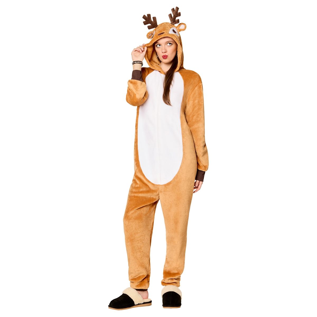 Reindeer Hooded Plush Jumpsuit BROWN