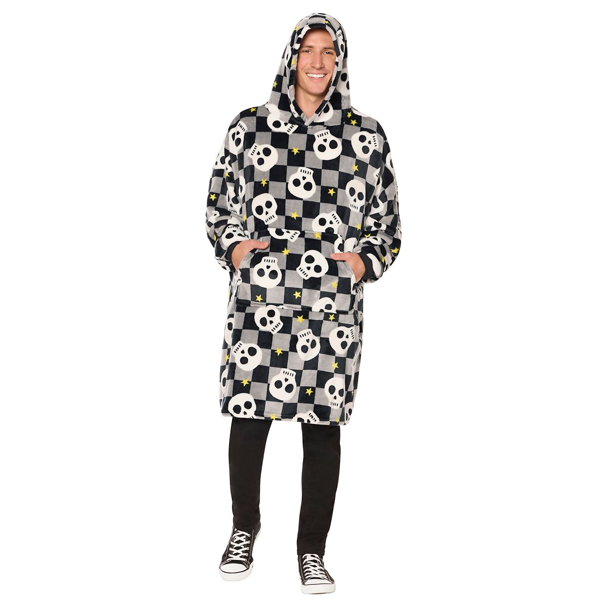 Checkered Skull Wearable Blanket WHITE