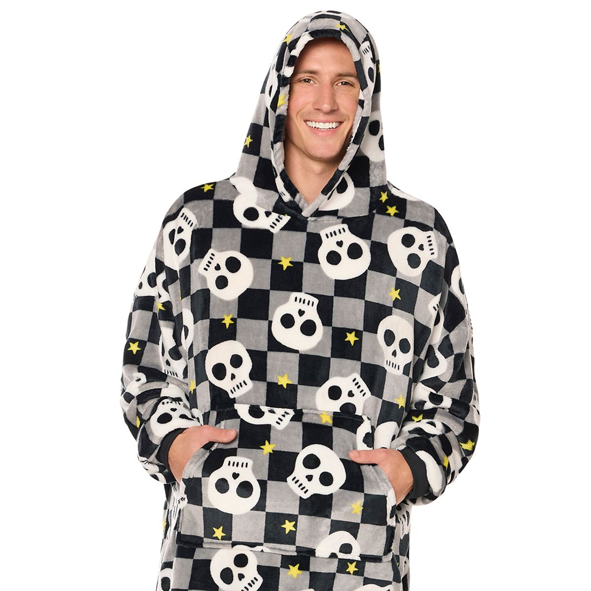 Checkered Skull Wearable Blanket WHITE