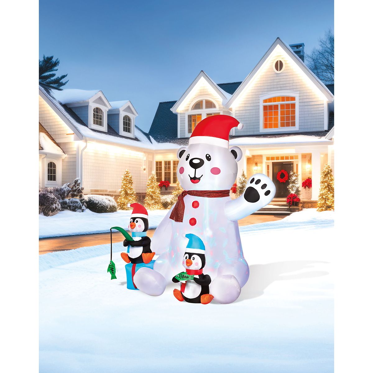 6 Ft 11 In Light-Up Animated Polar Bear with Penguins Inflatable Decoration MULTI-COLOR