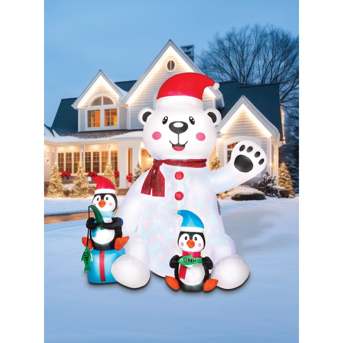 6 Ft 11 In Light-Up Animated Polar Bear with Penguins Inflatable Decoration MULTI-COLOR