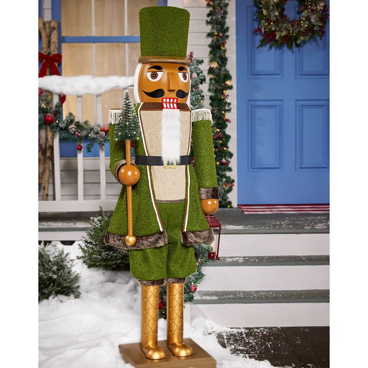 5 Ft 3 In Collapsible Animated Green Bouclé Nutcracker GREEN