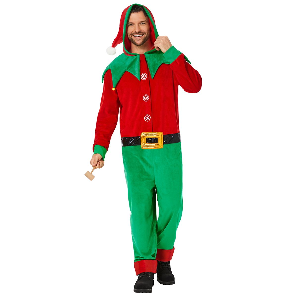 Adult Elf Jumpsuit Costume RED GREEN