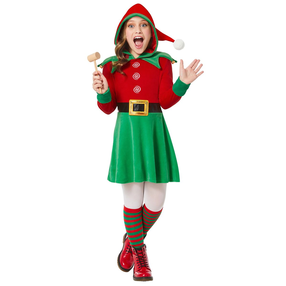 Kids Elf Hooded Dress Costume RED GREEN