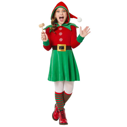 Kids Elf Hooded Dress Costume RED GREEN