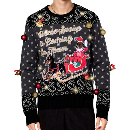 Light-Up Uncle Snoop Is Coming to Town Christmas Sweater PURPLE