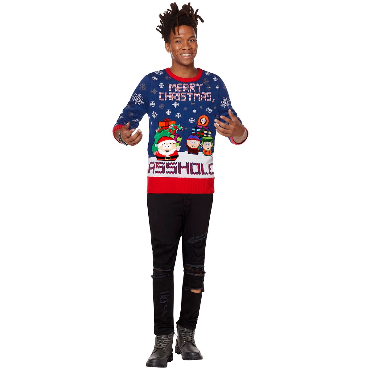 Light-Up Merry Christmas Asshole Christmas Sweater - South Park BLUE