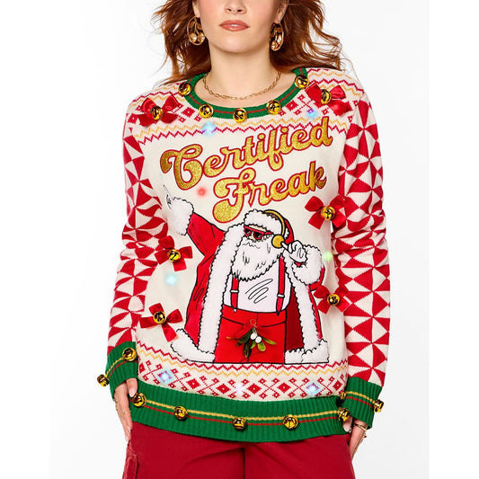 Light-Up Santa Certified Freak Christmas Sweater WHITE