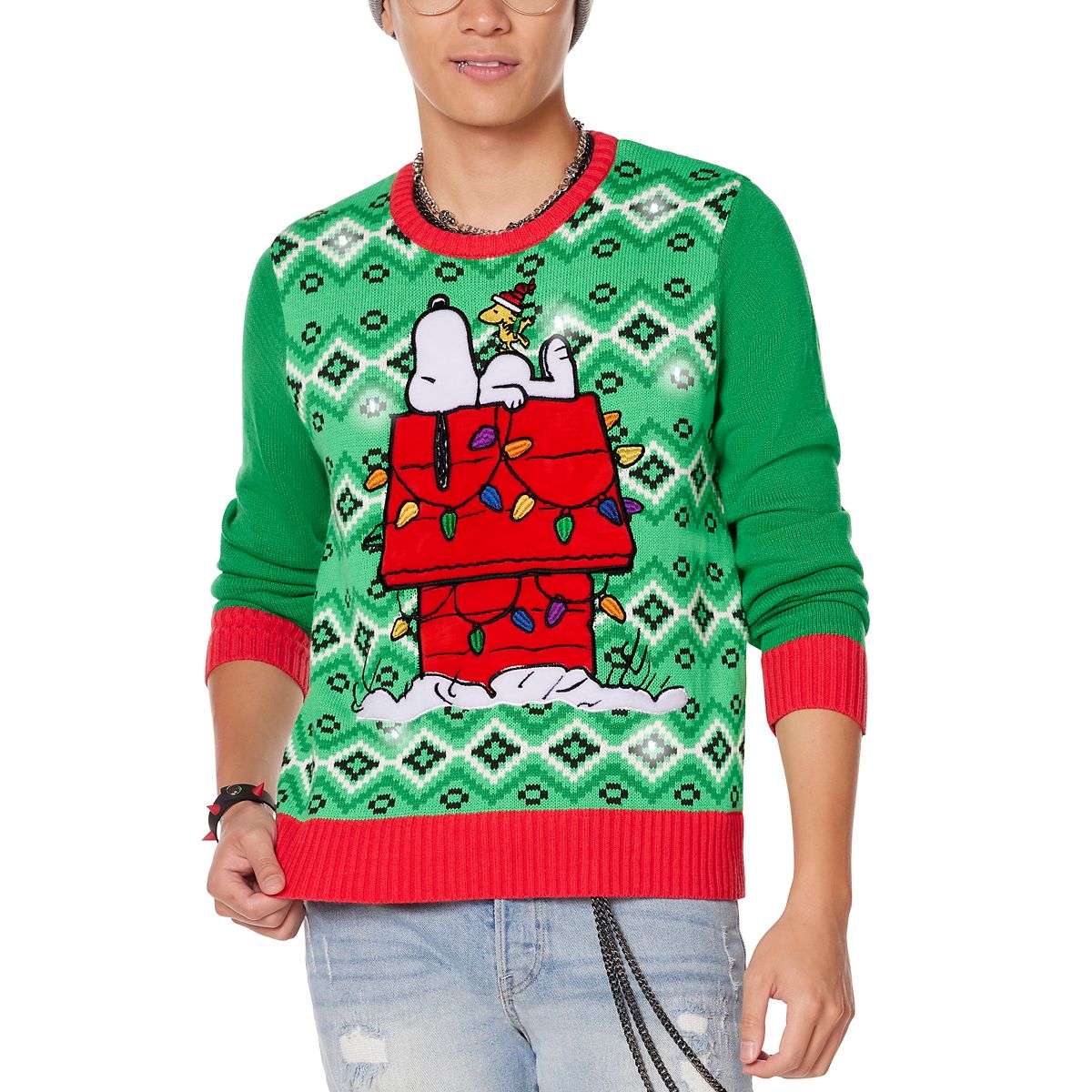 Light-Up Snoopy Dog House Ugly Christmas Sweater - Peanuts GREEN