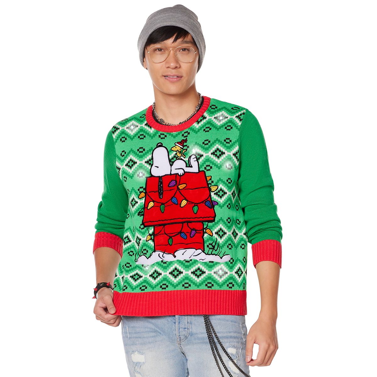 Light-Up Snoopy Dog House Ugly Christmas Sweater - Peanuts GREEN