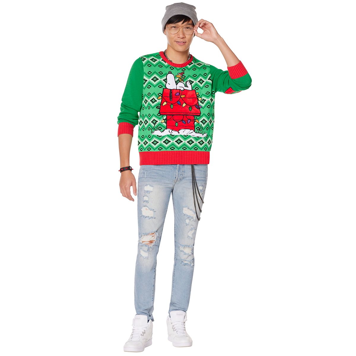 Light-Up Snoopy Dog House Ugly Christmas Sweater - Peanuts GREEN