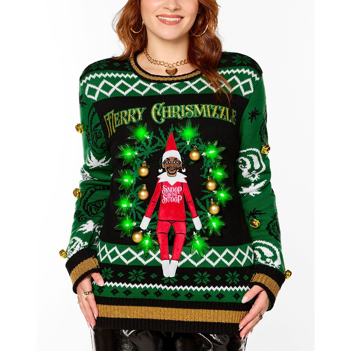 Light-Up Snoop on the Stoop Merry Chrismizzle Christmas Sweater GREEN
