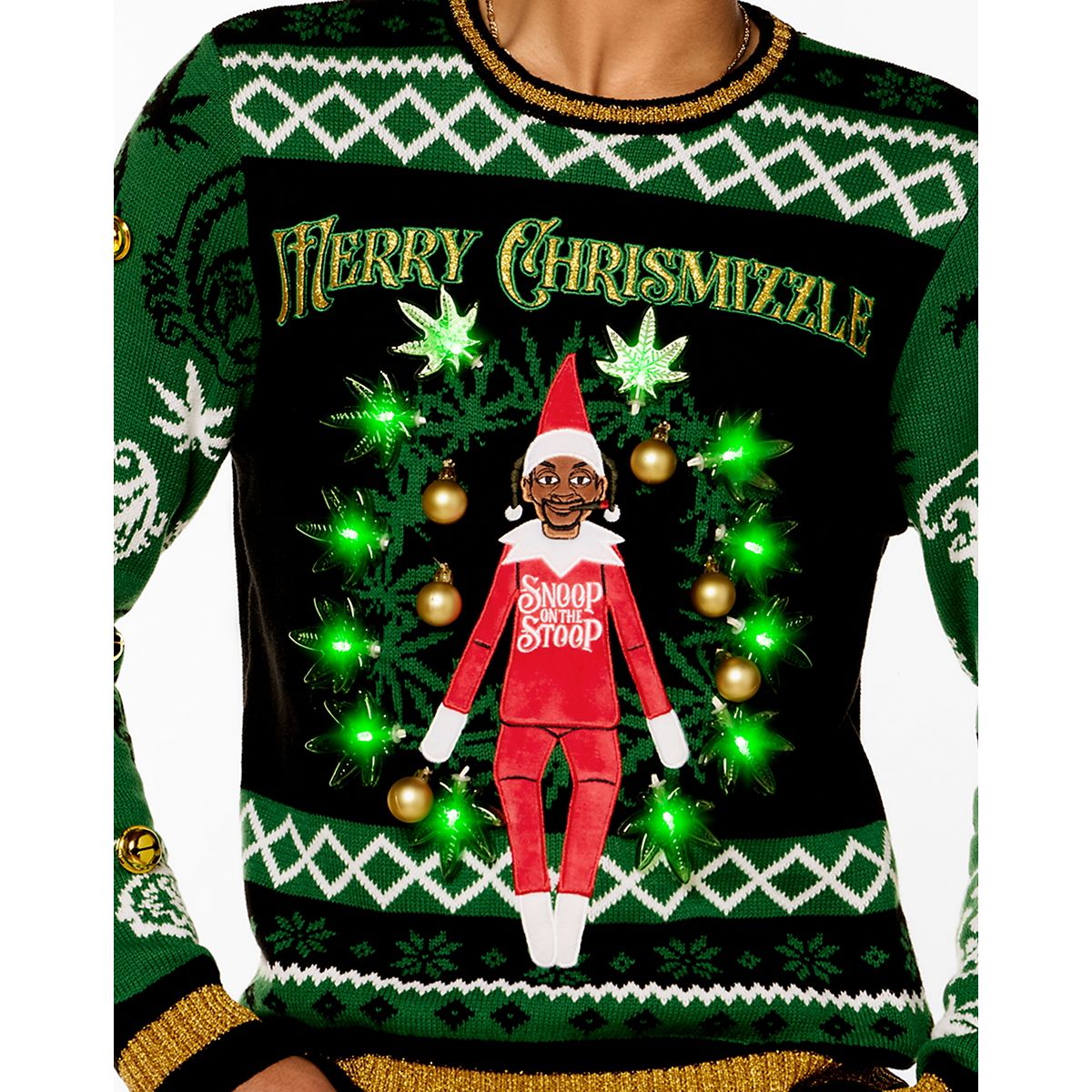 Light-Up Snoop on the Stoop Merry Chrismizzle Christmas Sweater GREEN