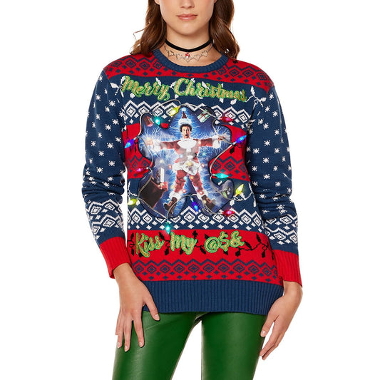 Light-Up Clark Griswold Kiss My Ass Christmas Sweater - National Lampoon's Christmas Vacation BLUE